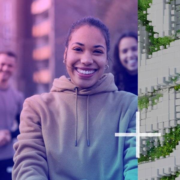 The cover image of Zühlke's corporate responsibility report shows a group of smiling people outdoors in casual clothing juxtaposed with a stylised aerial image of the natural world