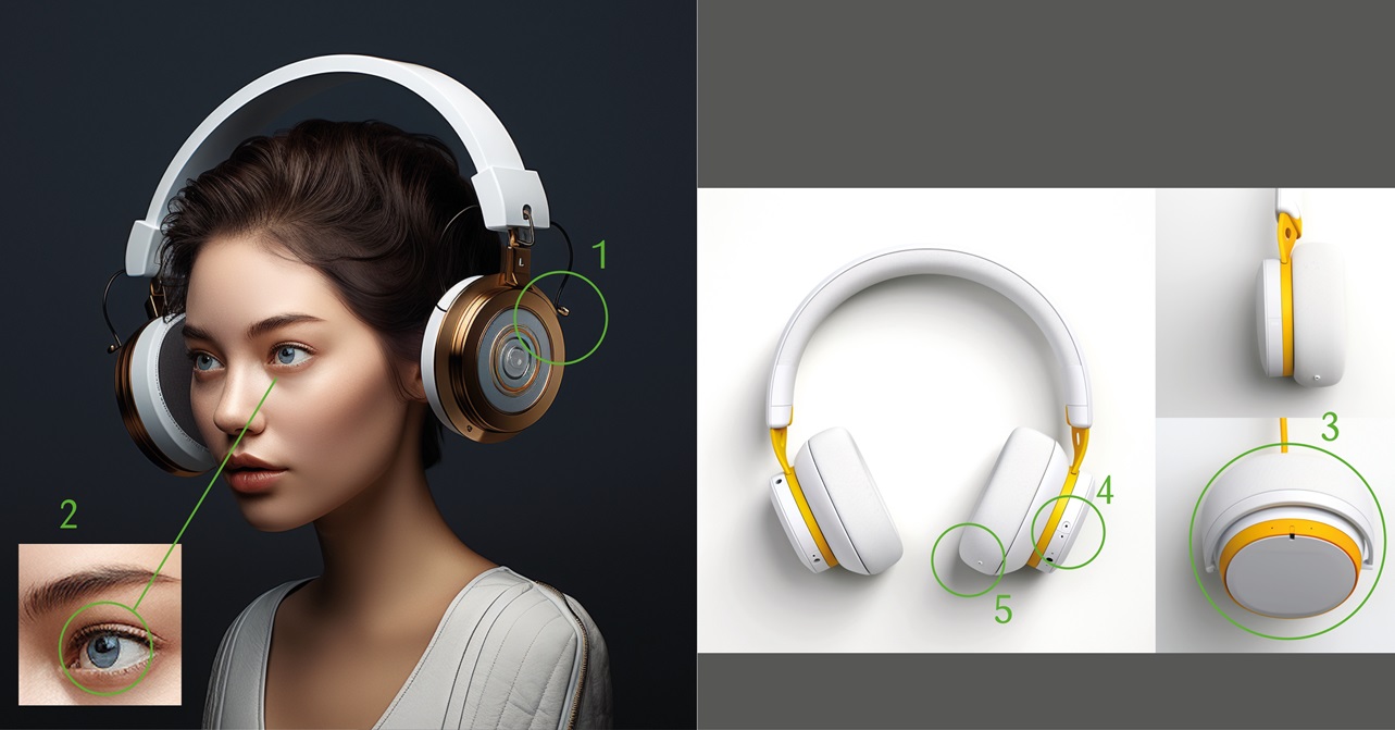 on the left hand-side an AI-created woman with headphones and on the right hand-side illustration of the headphones with description of the functionalities and pieces.
