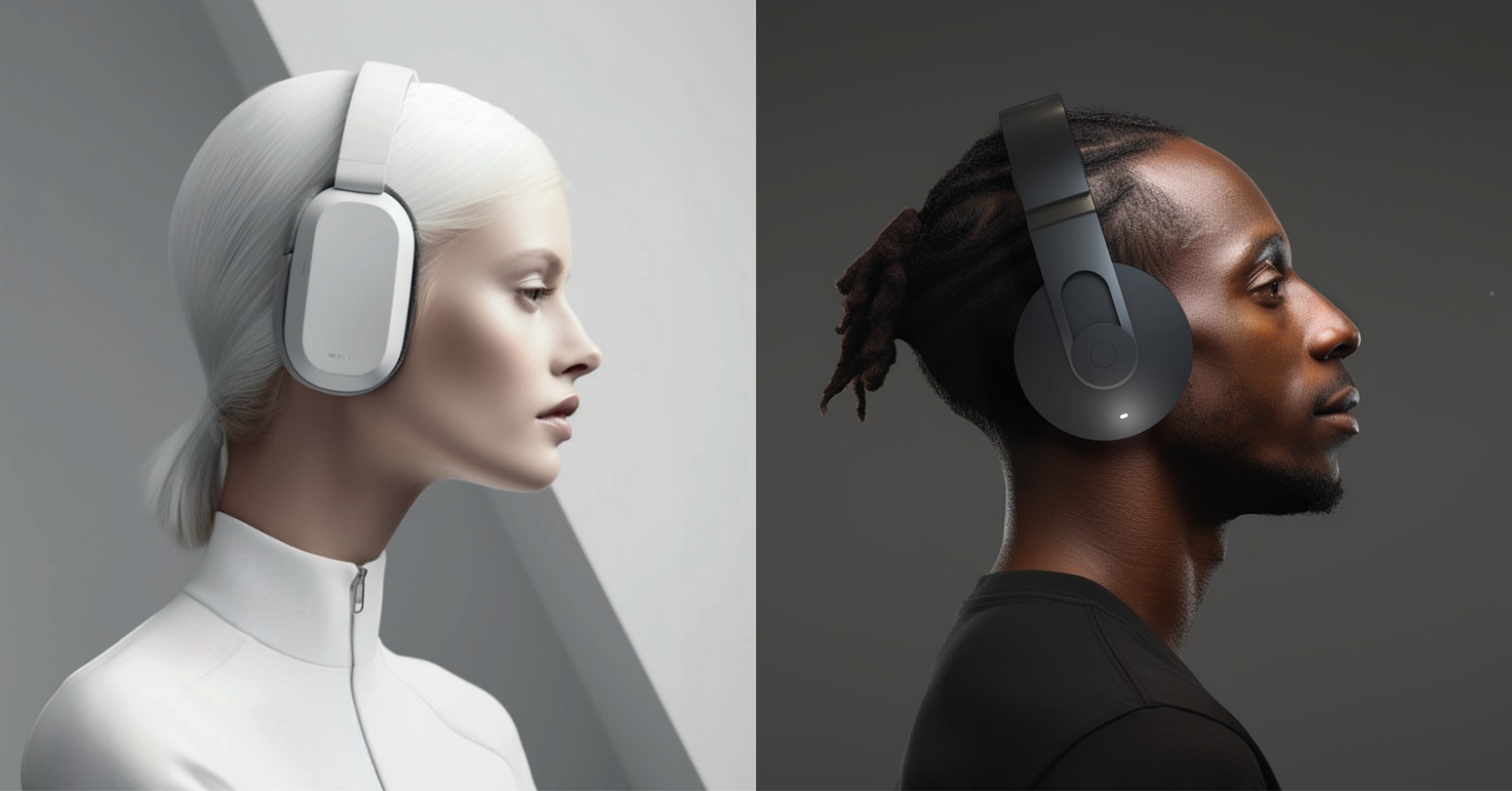 on the left hand-side a woman with white headphones, on the right hand-side a man with black headphones