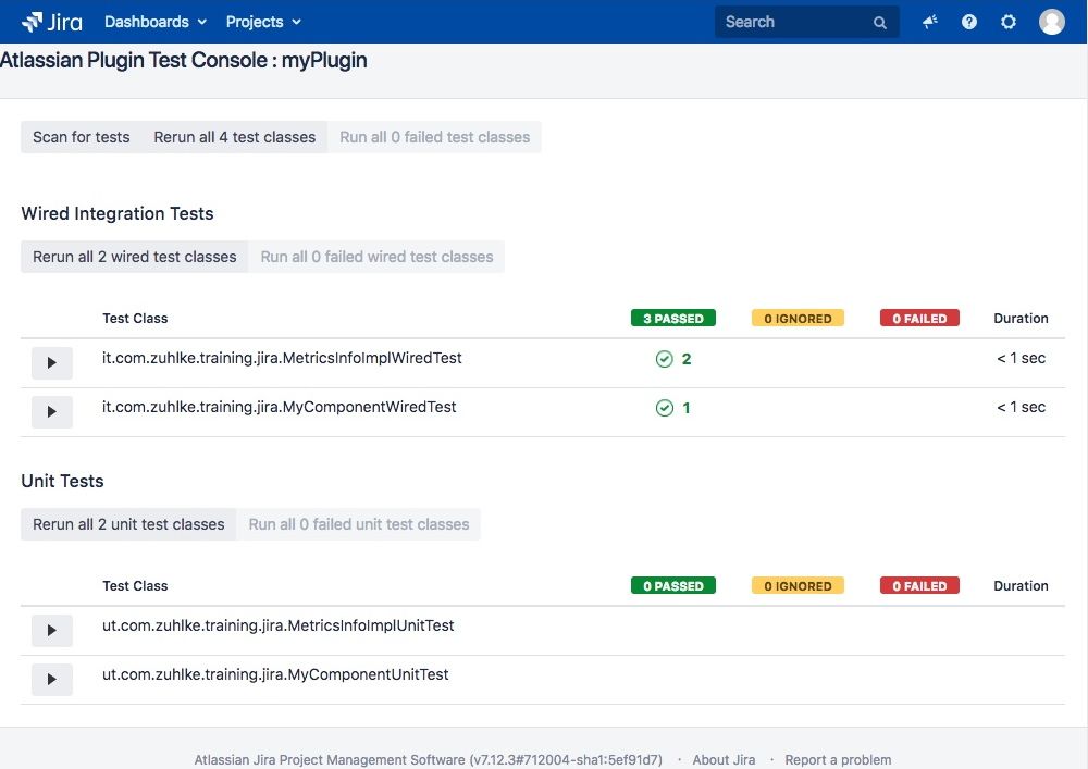 Atlassian Plugin Test Console after wired tests have run