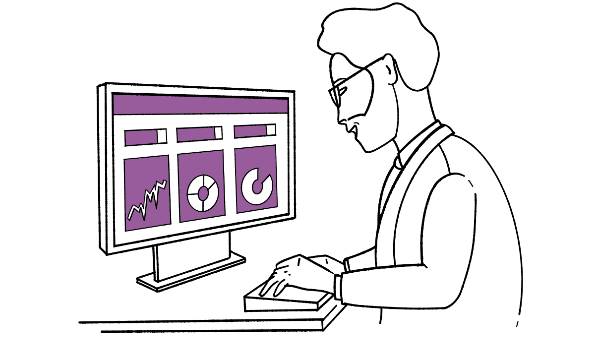Illustration of a client advisor in front of a screen