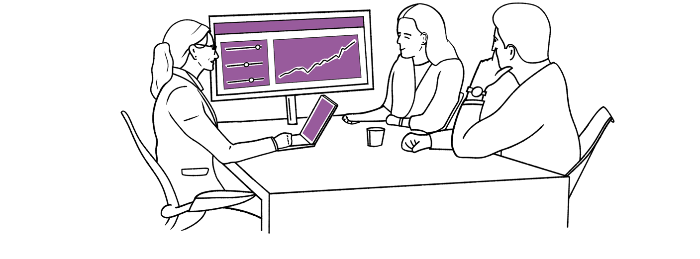 illustration of a face to face advisory situation with the advisor on one side and two clients at the other side of the table. In front of them there is a screen