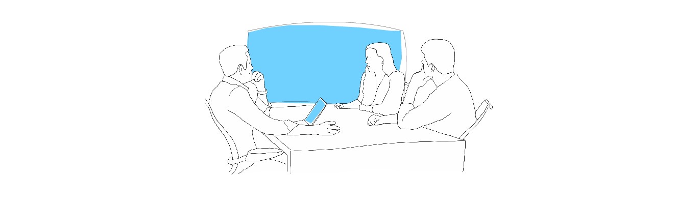 illustration: an advisor and his clients at a table. In front there is a screen