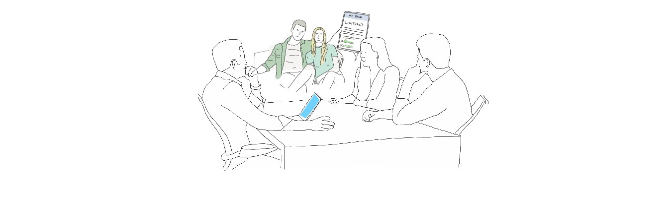 illustration: the advisor and his clients at a table. In the background the clients at home on the couch with a screen.