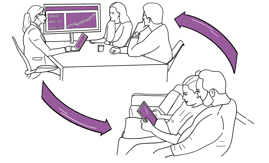 illustration: hybrid avisory situation. Above the situation on-site with the advisor and below two clients at home on the couch with a tablet.