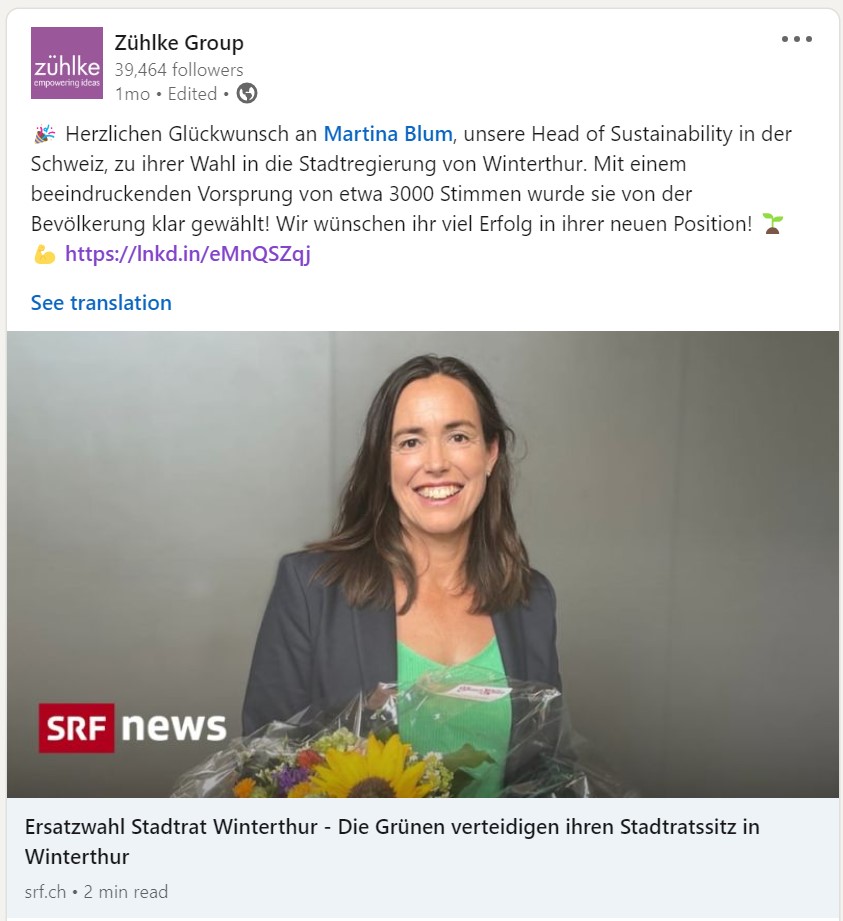 LinkedIn Post by Zühlke to congratulate Martina Blum for being elected