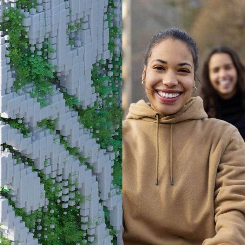 Sustainability banner with a collage of a cubical shape with green plants growing out of it like veins, coupled with a close-up of a group of young people outdoors.