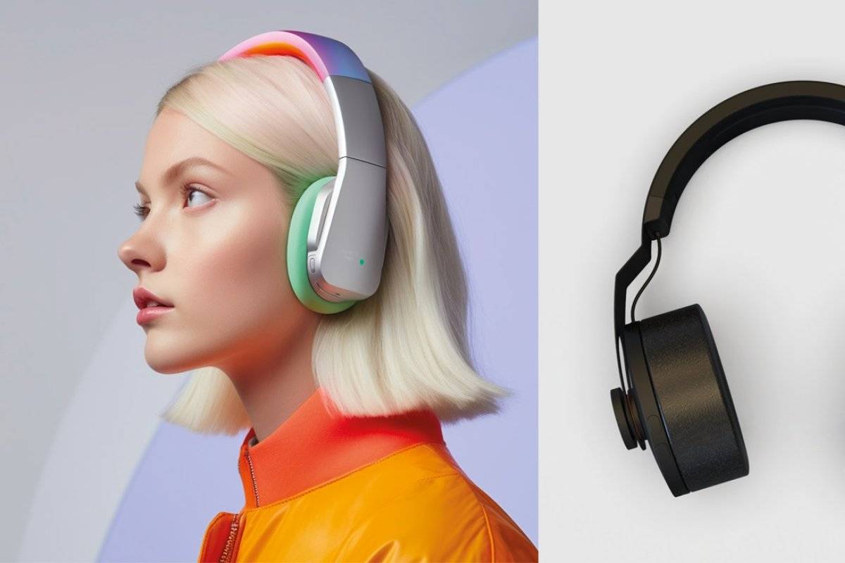 On the left hand-side an AI-created image with a women with headphones on. On the right hand-side a black headphone.